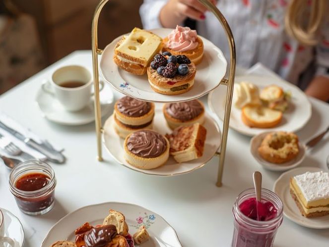 Children enjoying a traditional cream tea with scones, clotted cream, jam, and various pastries on a white table.