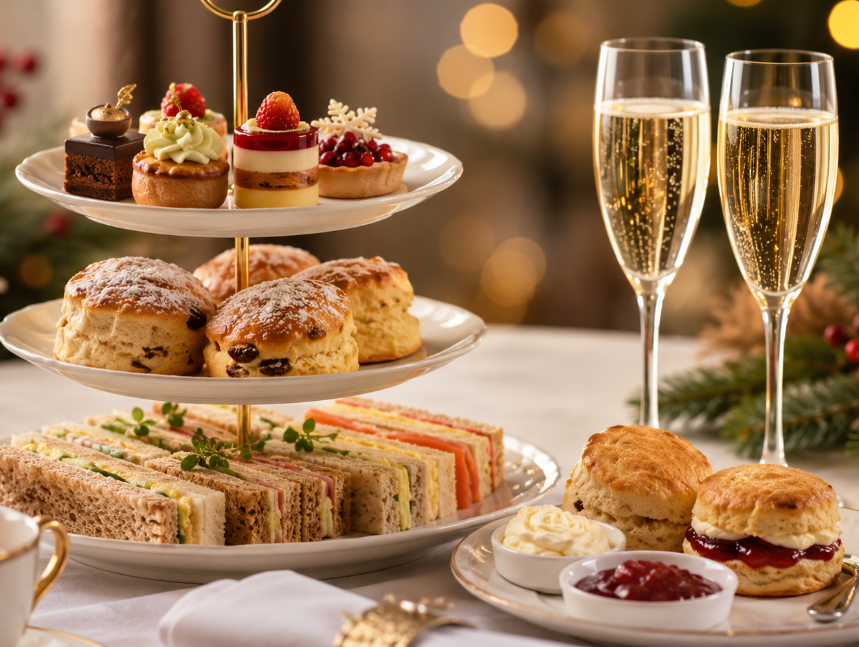 Festive afternoon tea stand with finger sandwiches, scones and Christmas cakes beside two glasses of sparkling wine