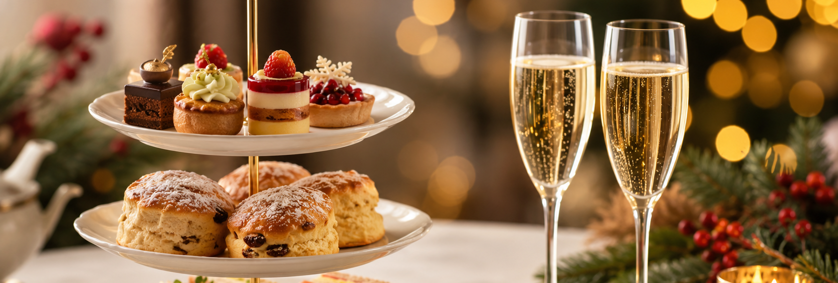 Festive afternoon tea stand with finger sandwiches, scones and Christmas cakes beside two glasses of sparkling wine