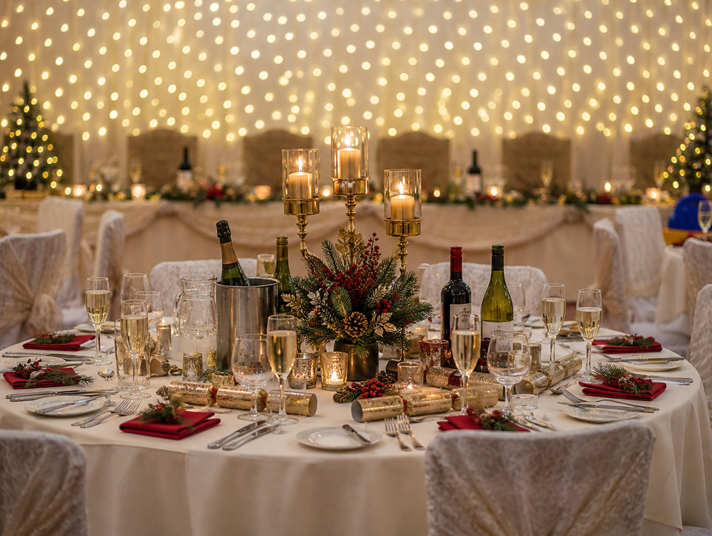 Festive marquee dining table set for a Christmas celebration with candles, champagne, crackers and fairy lights