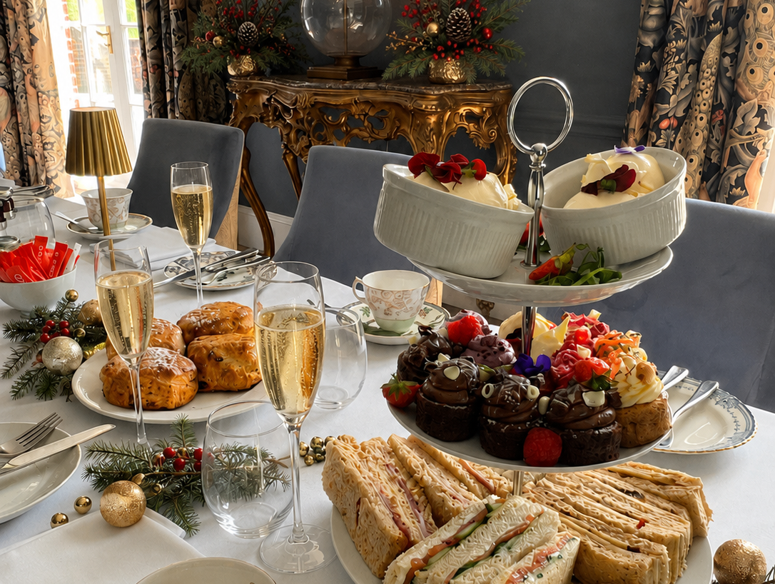 Festive afternoon tea table set with tiered stand of sandwiches and cakes, champagne flutes, and Christmas greenery