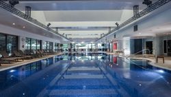 Indoor swimming pool with lounge chairs along the sides and large windows