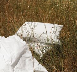White pillows and blanket on tall grass in a meadow under a clear blue sky
