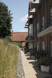 Outdoor walkway beside a modern brick building with chairs and potted plants