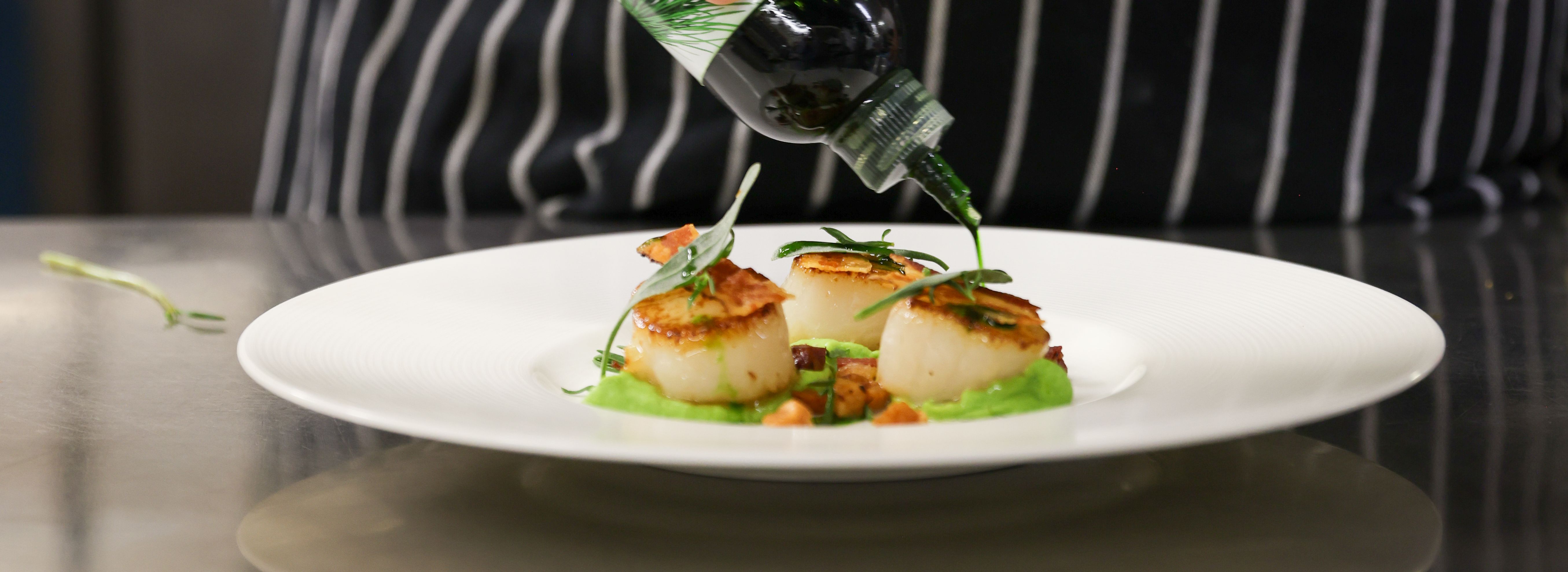 Chef garnishing seared scallops on a white plate with green herb oil.