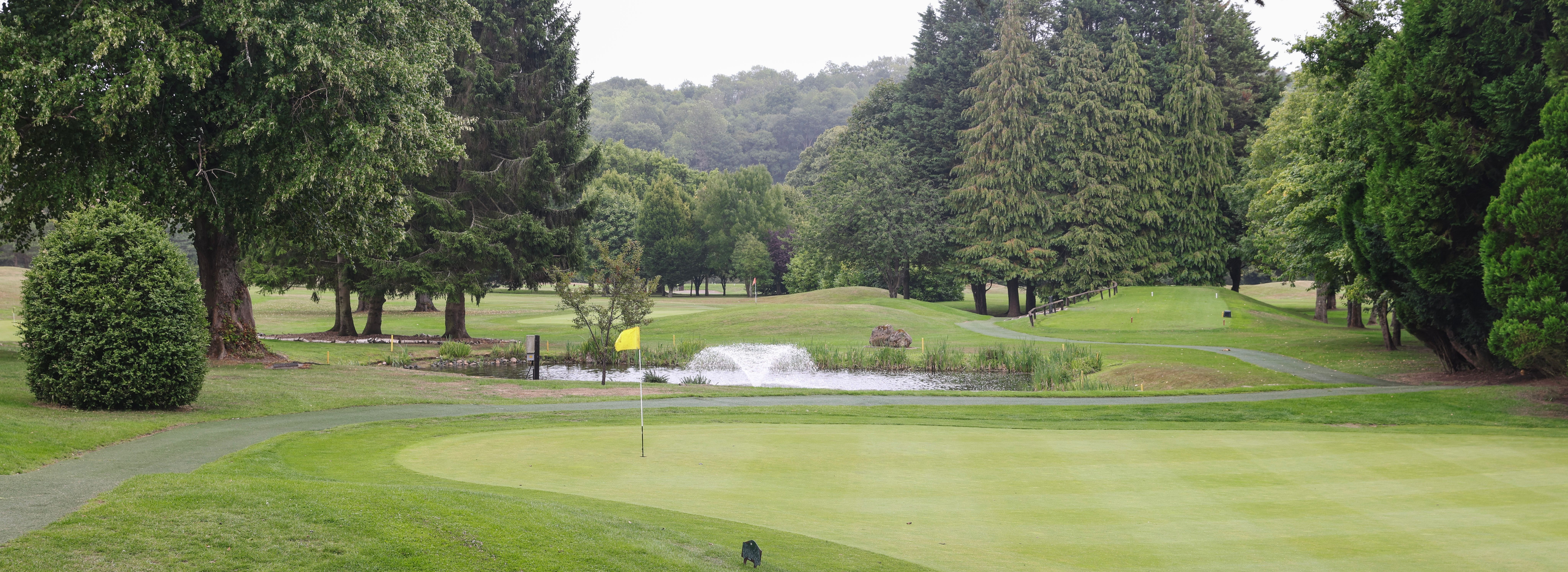 Golf course green with flag, trees, and a pond with a fountain