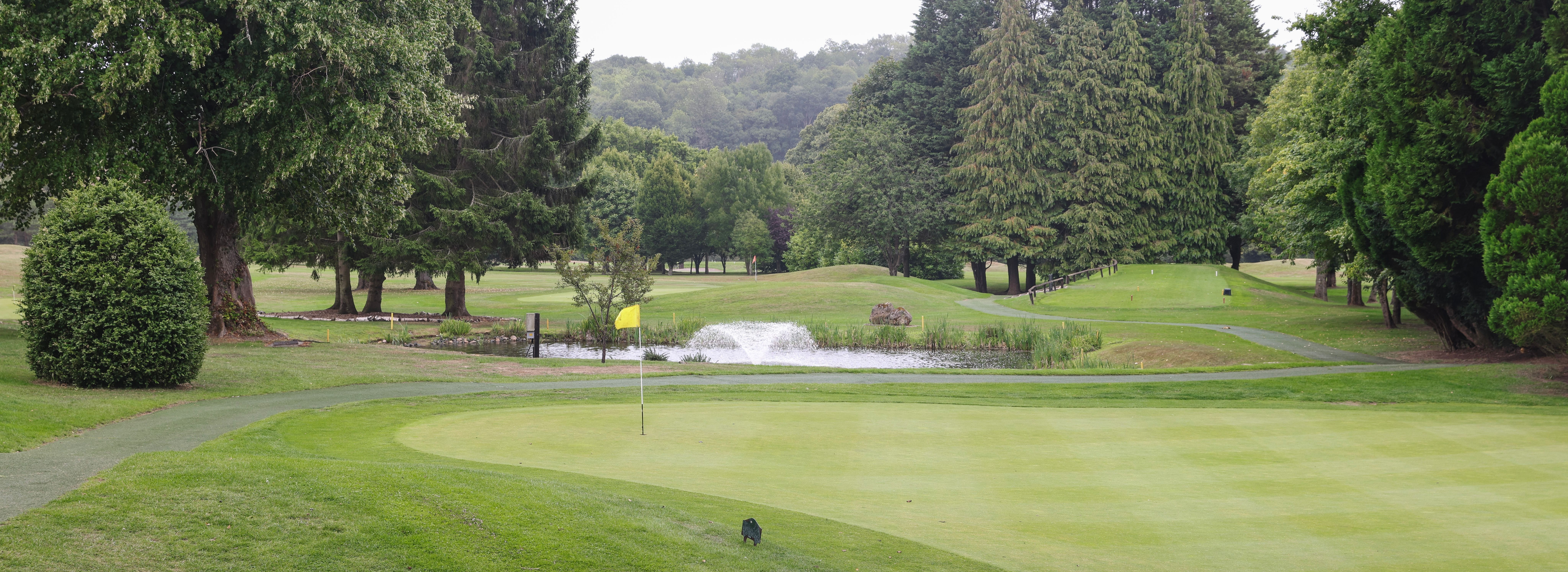 Golf course green with flag, trees, and a pond with a fountain