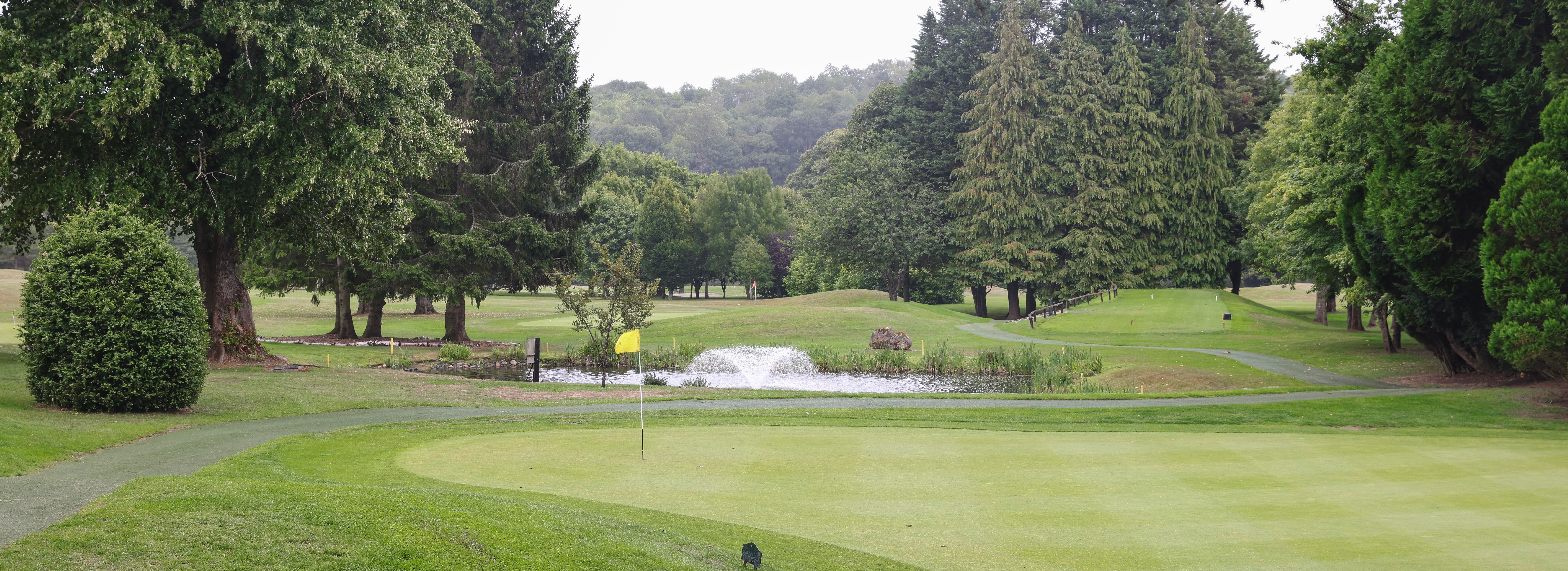 Golf course green with flag, trees, and a pond with a fountain