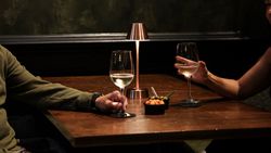 Two people sitting at a dimly lit table with wine glasses and a small dish of snacks, beneath a modern lamp.