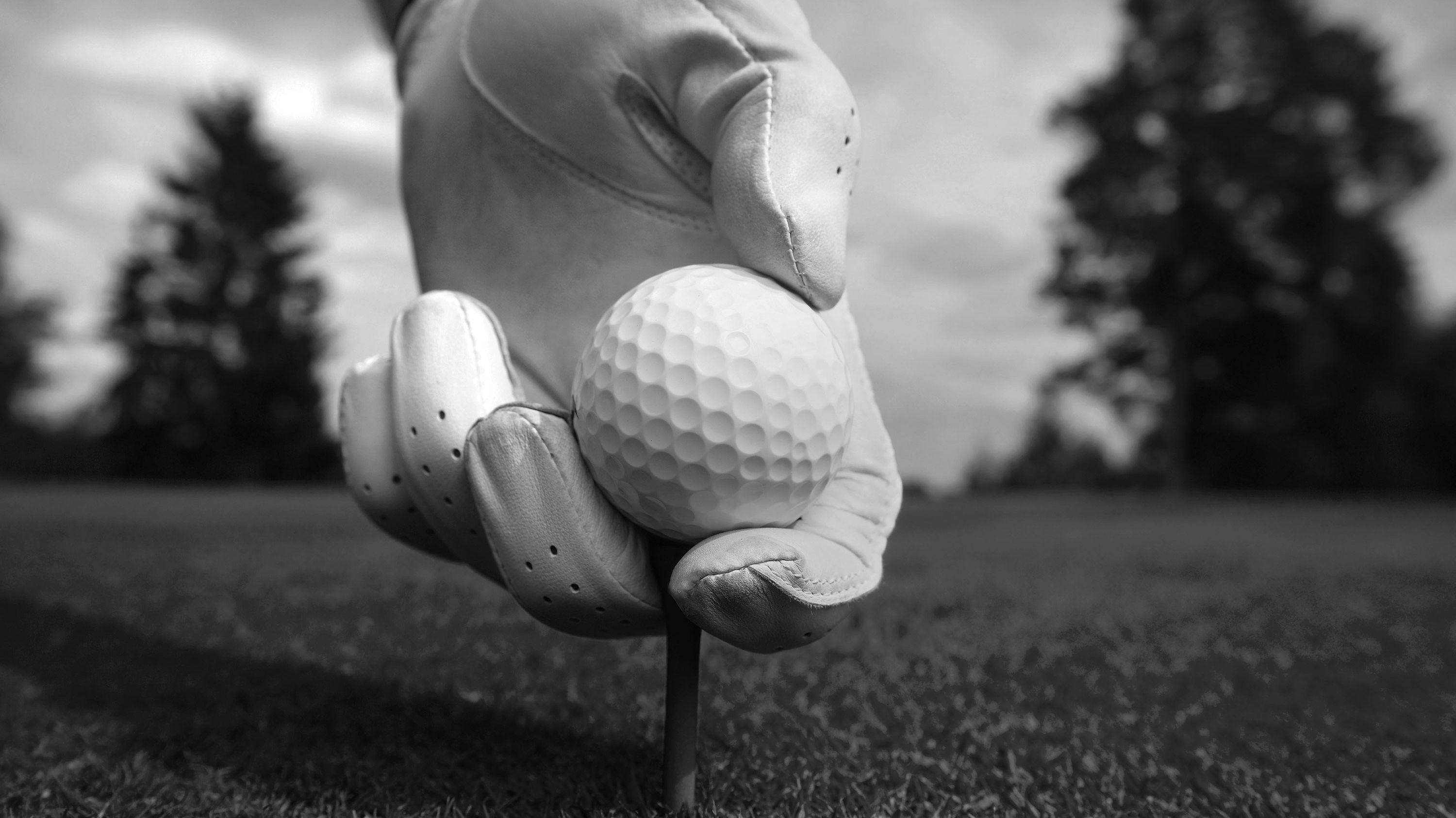 Close-up of a gloved hand placing a golf ball on a tee