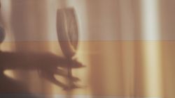Shadow of a hand holding a wine glass against a softly lit wall