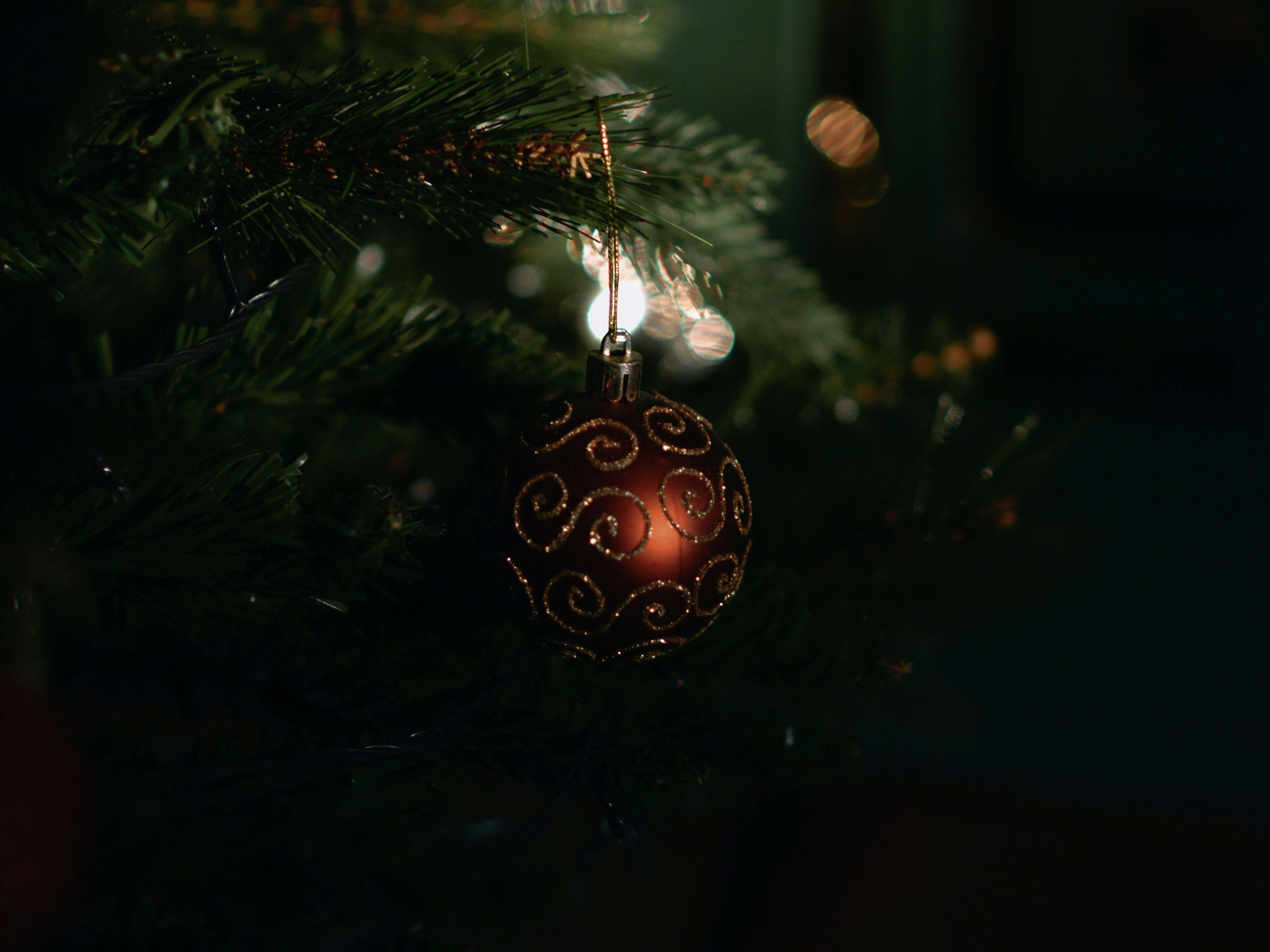 Close-up of a Christmas ornament hanging on a decorated tree