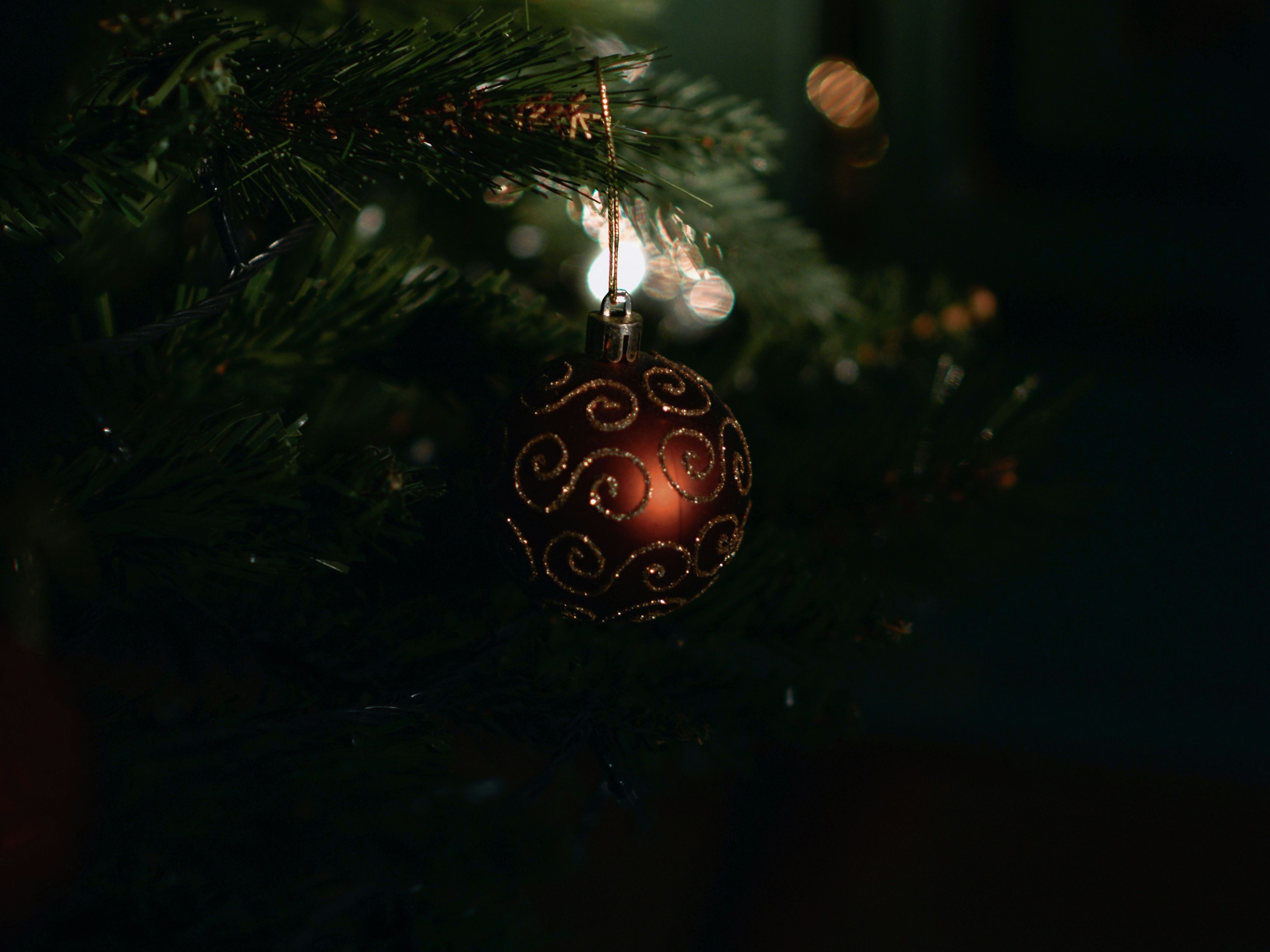 Close-up of a Christmas ornament hanging on a decorated tree