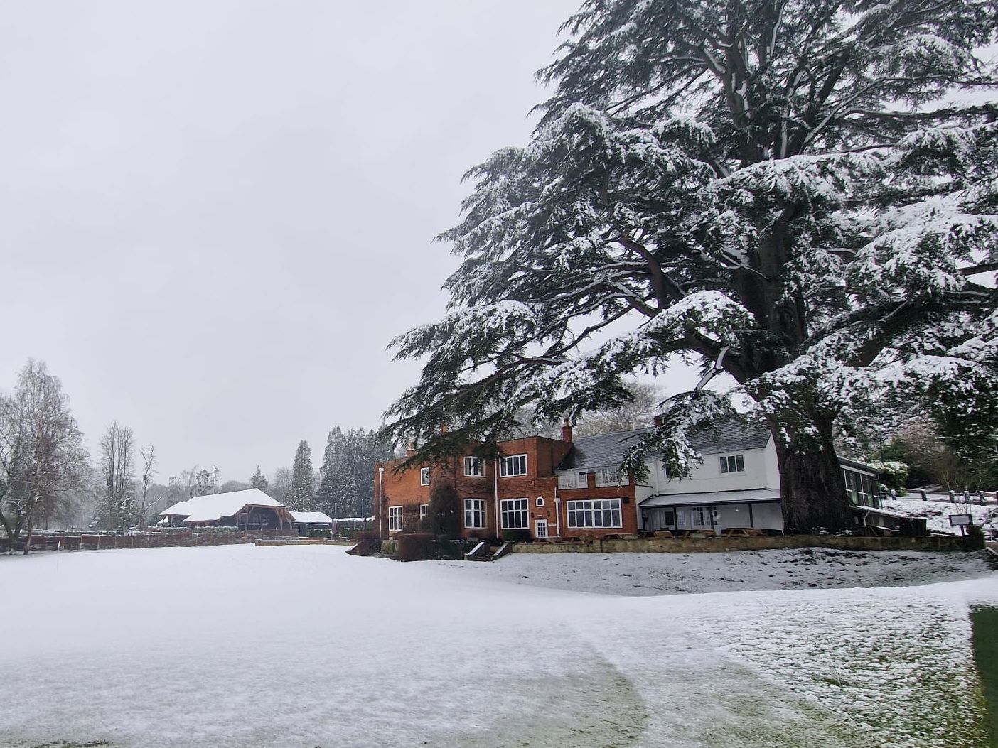 Snow-covered golf course with trees and a large building in the background.