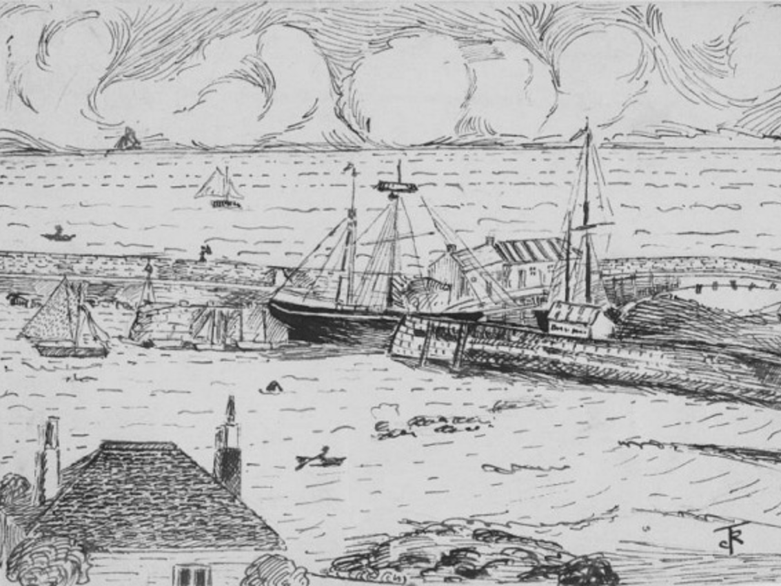 Pen and ink drawing of Lyme Regis harbor with boats, buildings, and clouds