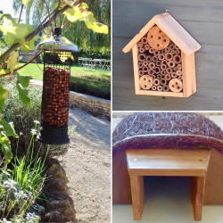 Bird feeders, insect house and hedgehog home