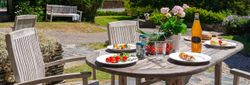 A rustic outdoor dining setup with wooden chairs and a round table, featuring fresh food, drinks, and flowers, set against a lush countryside backdrop.