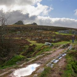 A lone hiker walks along a rugged, puddle-filled trail through a windswept moorland, with rocky hills in the distance under a cloudy sky.