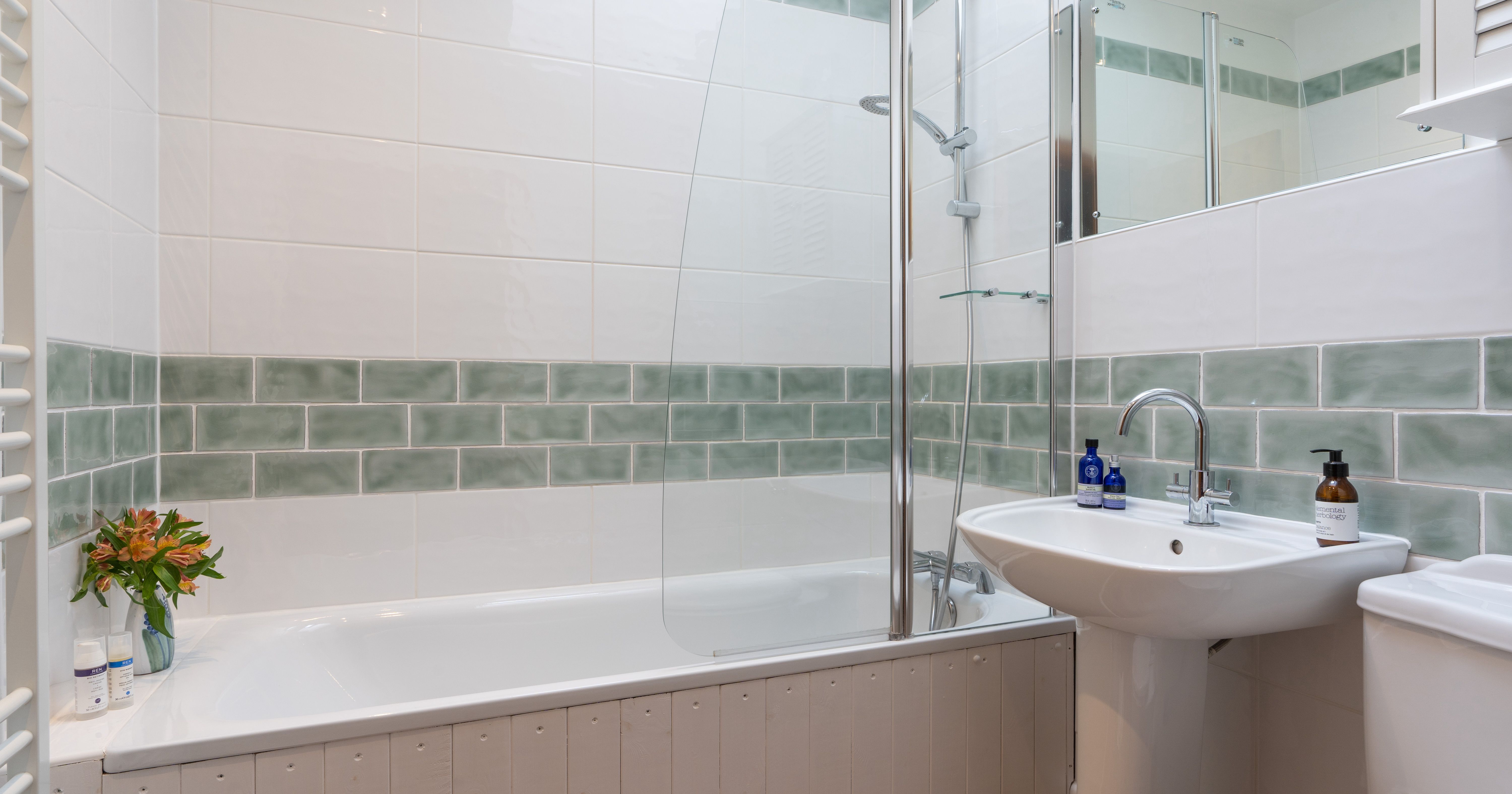 Bathroom with bath and shower over the top