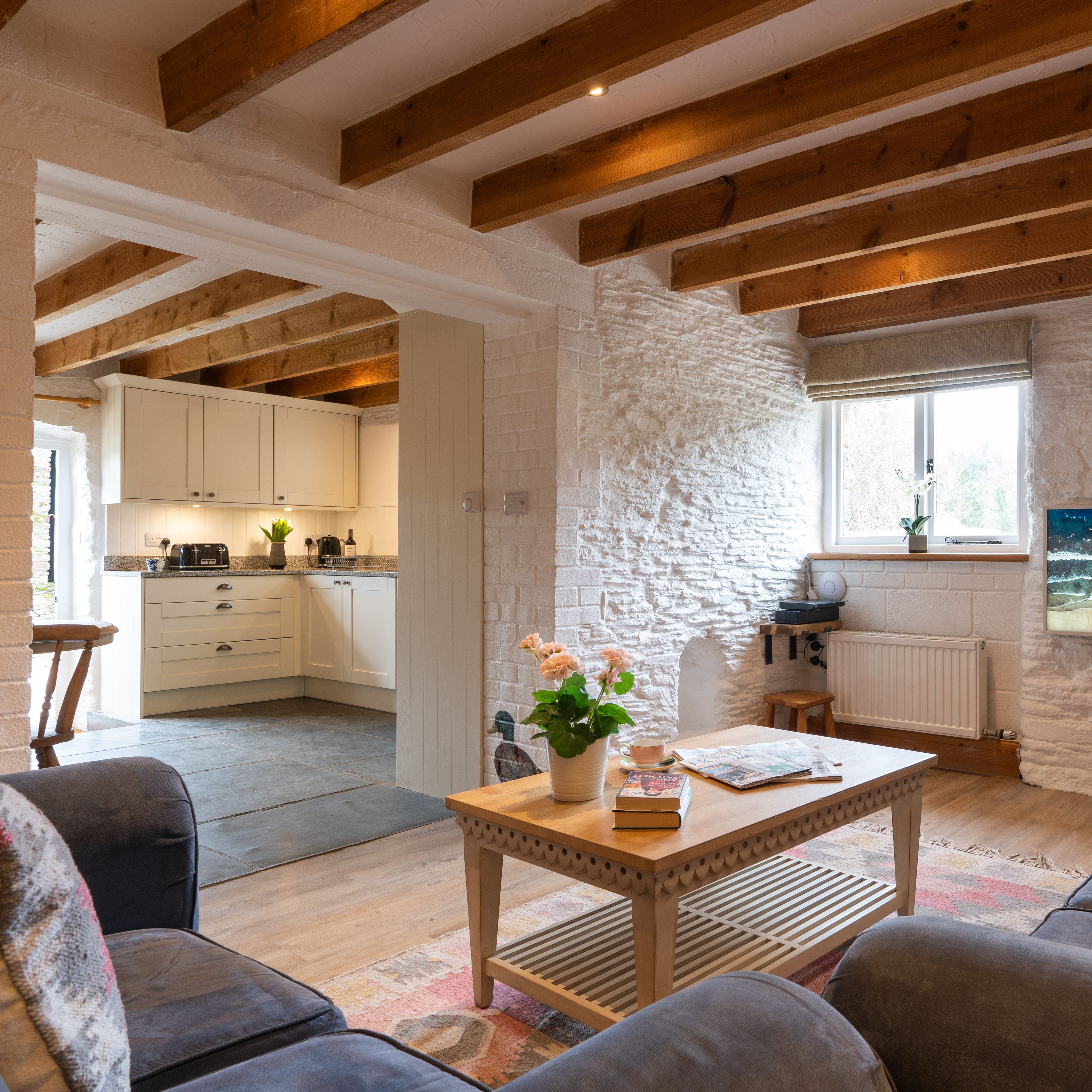 Ducks Nest living area with two sofas and open plan into the kitchen