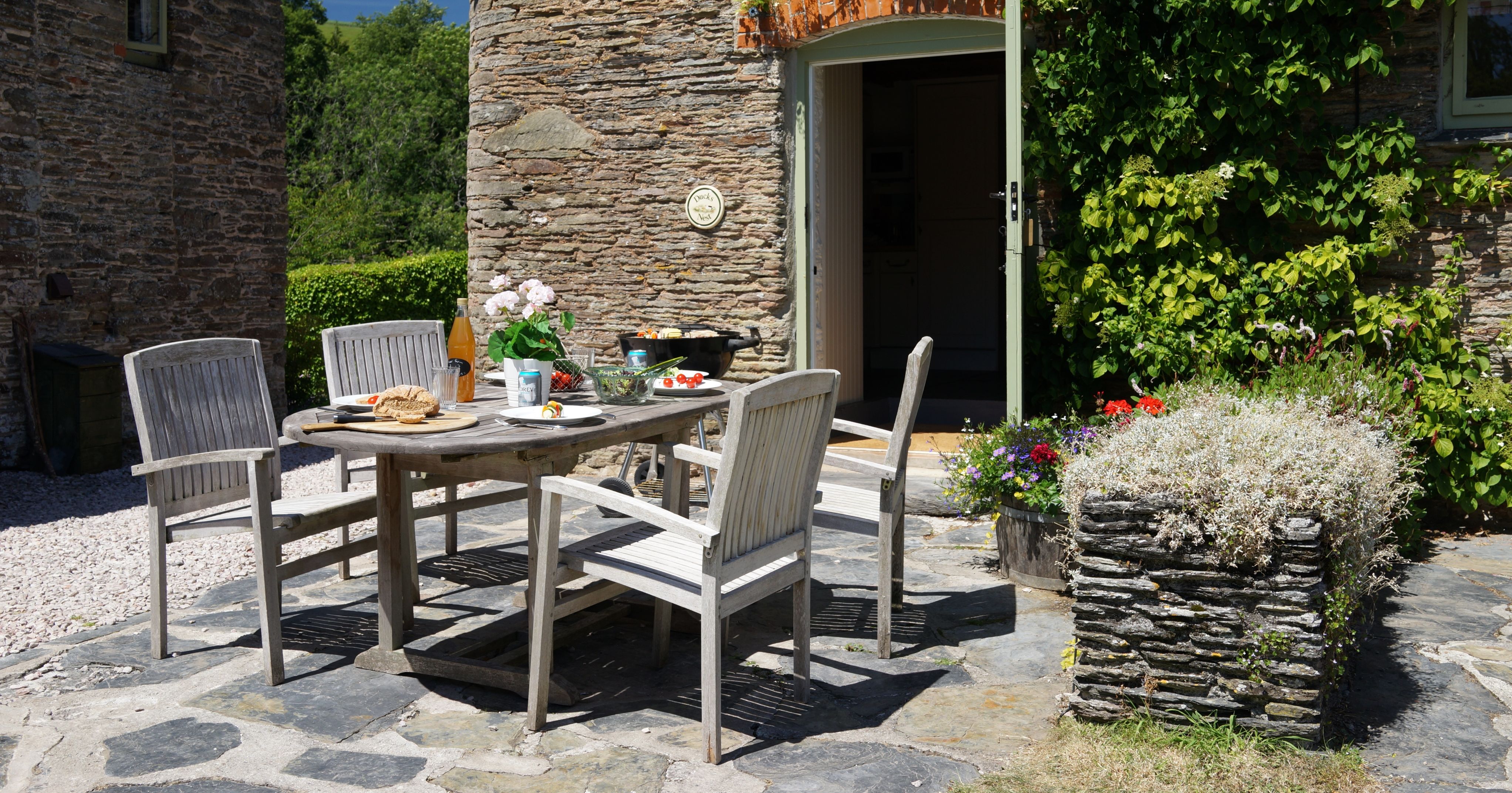 Ducks nest table outside in the garden