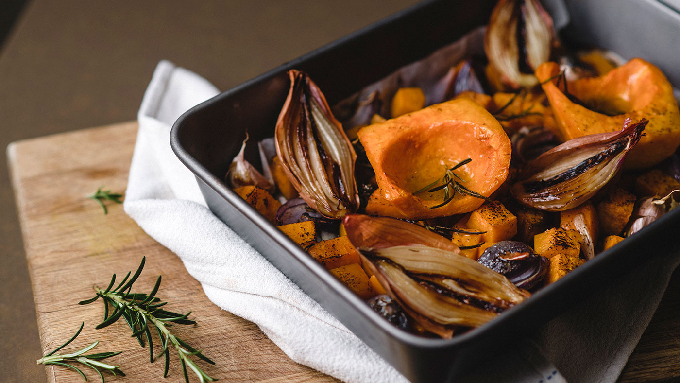 Roasted squash in baking tray