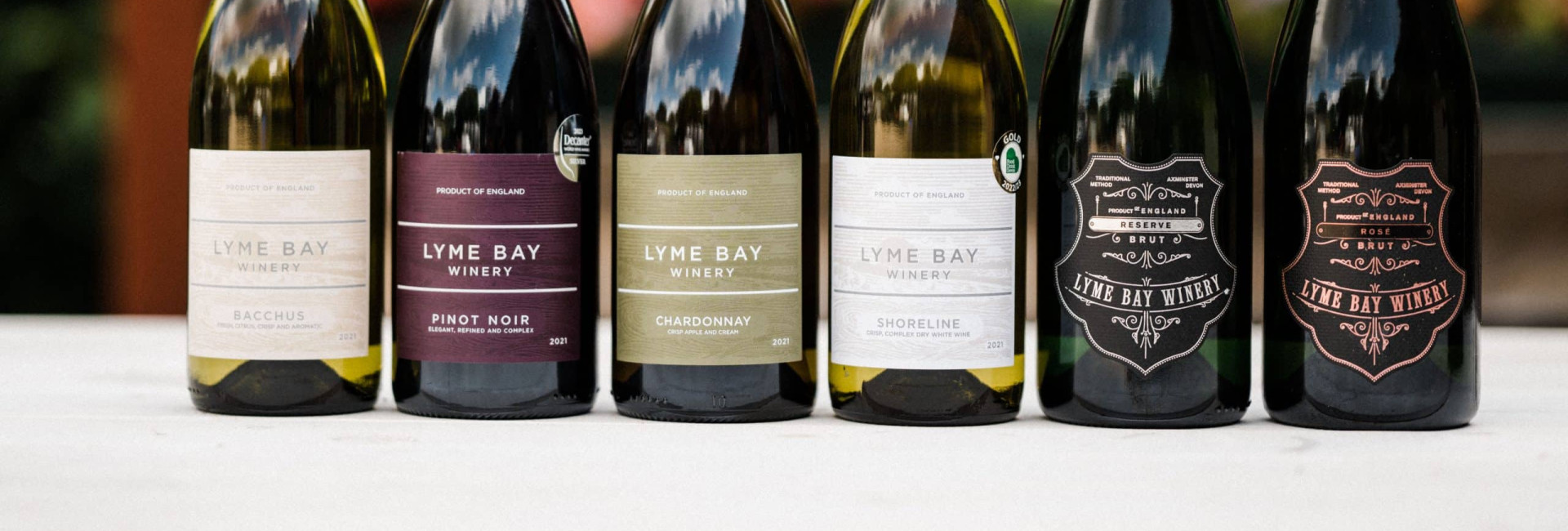 Six bottles of Lyme Bay Winery wines are lined up on a table outdoors, featuring varieties like Bacchus, Pinot Noir, Chardonnay, Shoreline, Reserve Brut, and Rosé Brut.