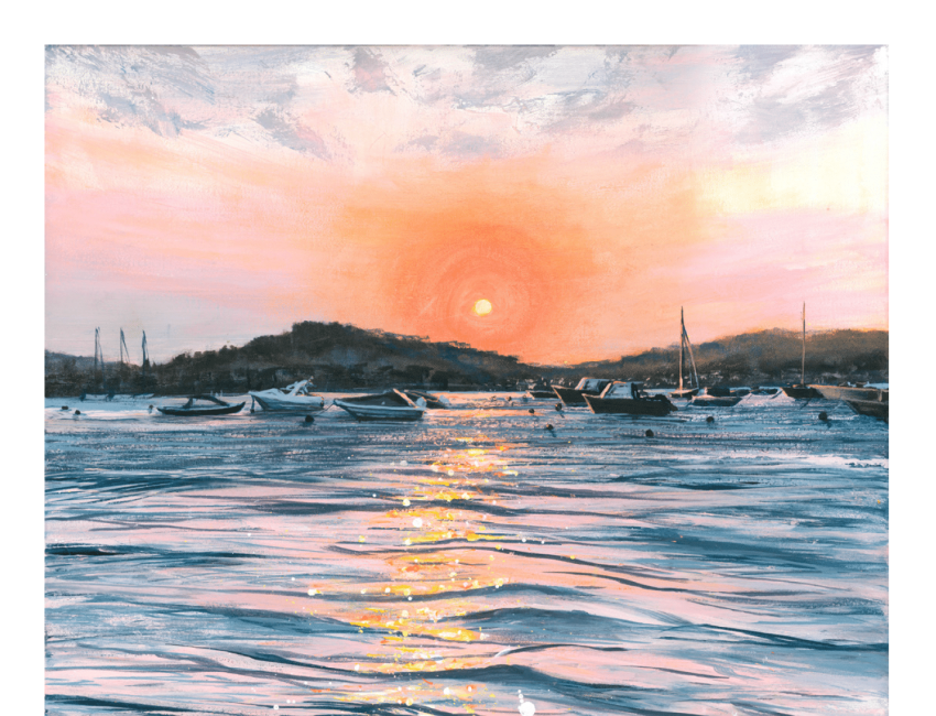 A serene sunset over a calm sea with boats gently floating. The sky is painted in warm shades of orange and pink, reflecting on the rippling water's surface.