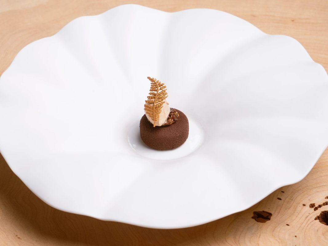 Boringdon Hall chocolate dessert on white plate