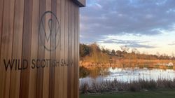 A photograph of the side of the sauna at the resort with the Wild Scottish Sauna hand painted logo on the side, looking out to peaceful pools.