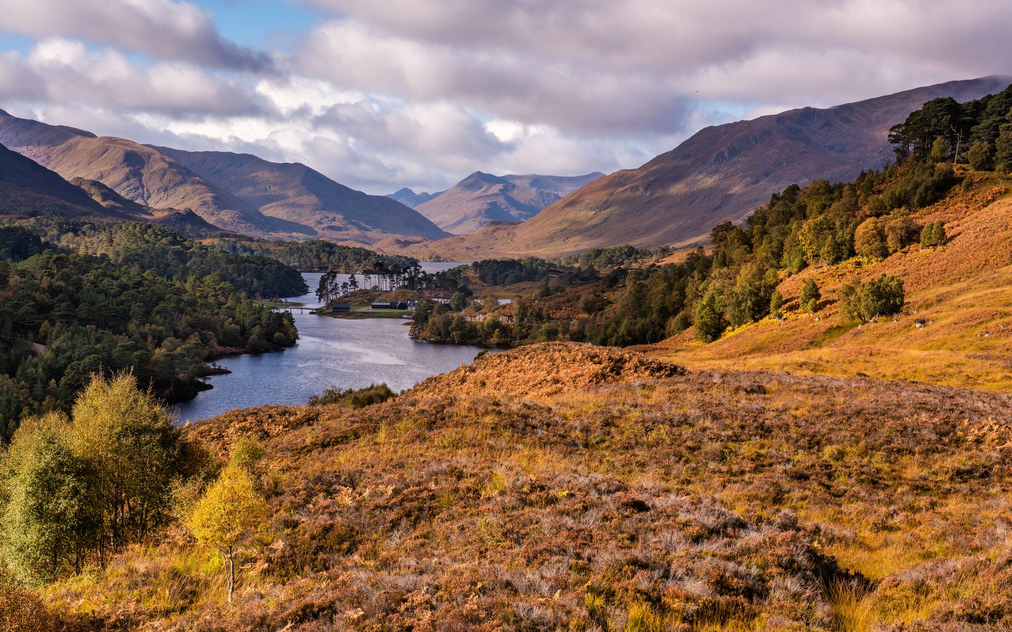 Scenic view of a lake surrounded by autumnal hills and forested mountains under a partly cloudy sky in the Scottish Highlands.