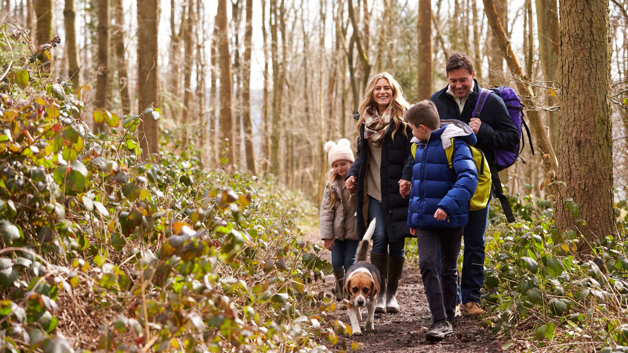 Family of four hiking along a wooded trail with a beagle, smiling and dressed for cool weather.