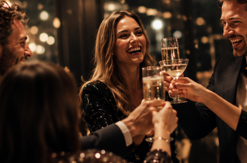 Group of friends dressed elegantly clinking glasses at a celebration
