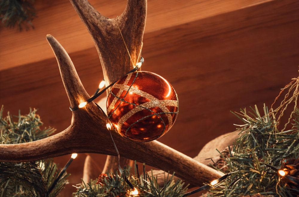 Christmas ornament and string lights on antlers with festive greenery