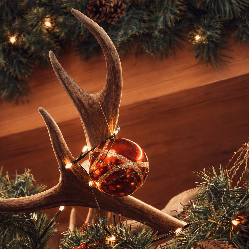 Christmas ornament and lights on antlers with pine garland
