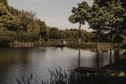 Bride and groom by fishing pond