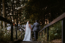 Bride and groom in woods