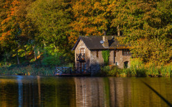 Boathouse across fishing pond