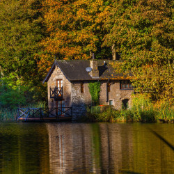 Boathouse across fishing pond