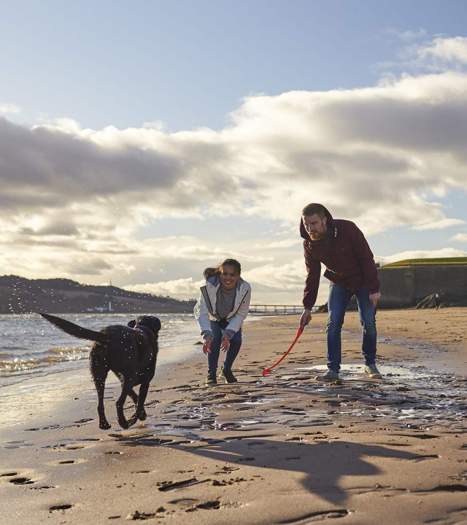Couple on beach with dog