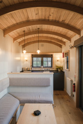 Kitchen and seating in shepherds hut
