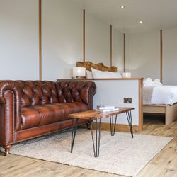 Living area and log burner in escape pod