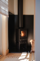 Log burner in shepherds hut