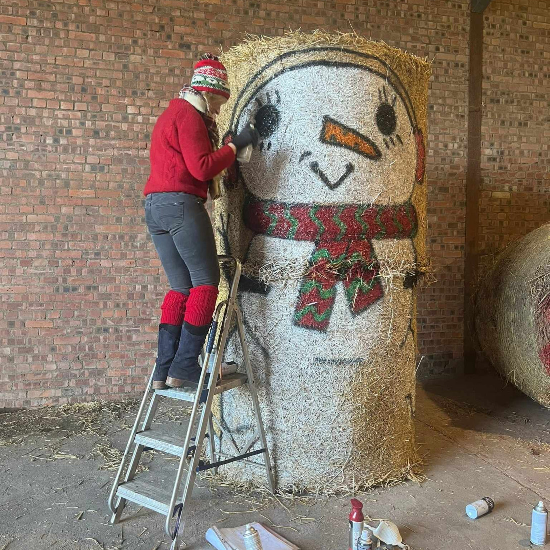 Snowman Decorated Hay Bail