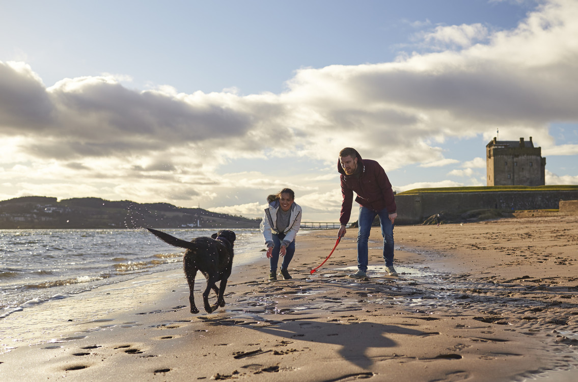 Couple playing with their dog on the beach