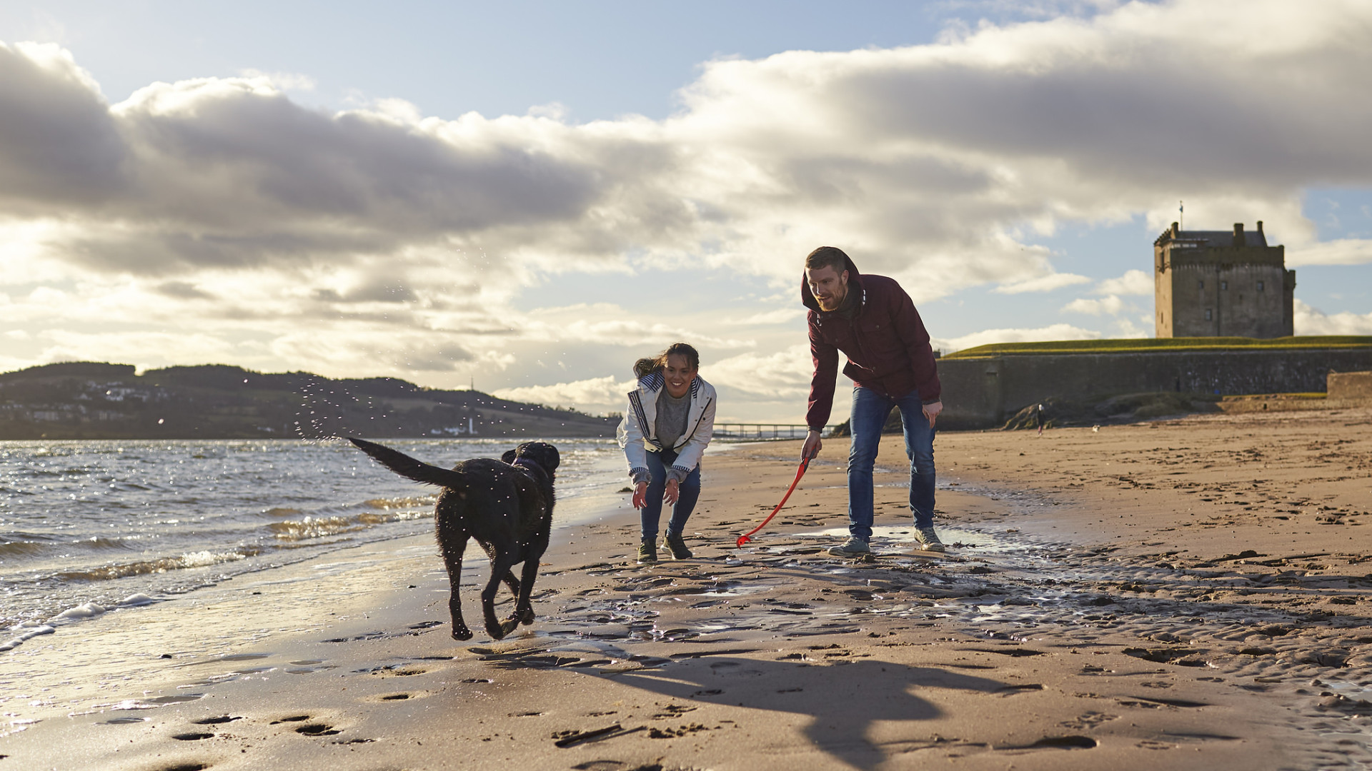 Couple playing with their dog on the beach