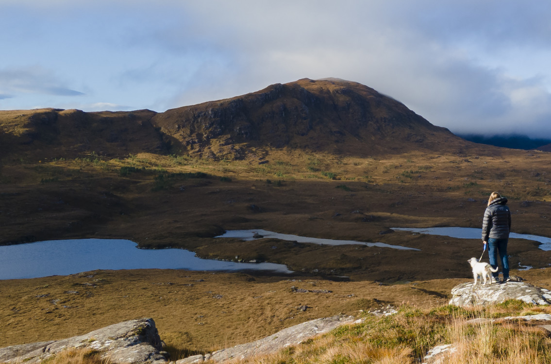 Hiker with a dog standing on a rocky hill, overlooking a scenic mountain landscape.