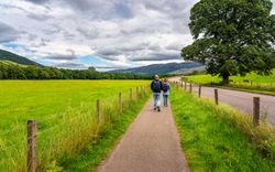 Two people wearing backpacks walk along a paved path beside a lush green field under a cloudy sky, with a large tree on the right and mountains visible in the distance.