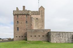 Broughty Castle with crenelated towers, narrow windows, and a flagpole flying a blue and white flag, surrounded by a grassy lawn under an overcast sky.