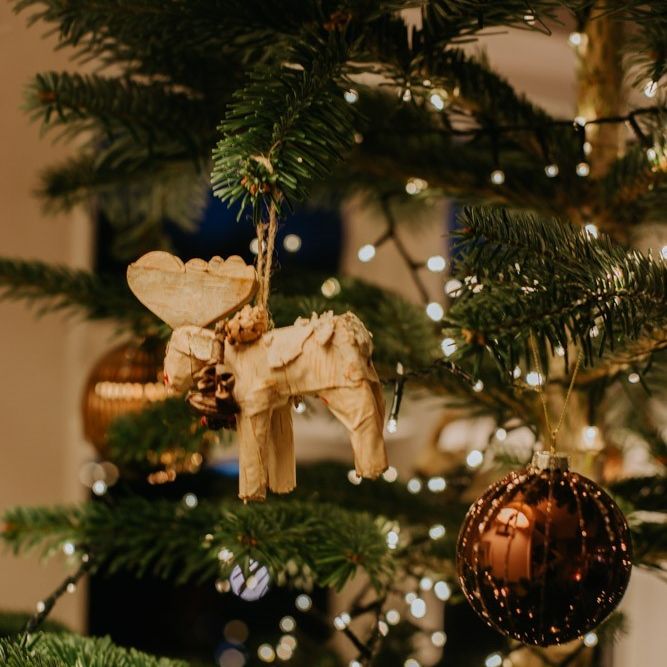 Christmas tree decorated with a wooden moose ornament and a shiny bronze bauble